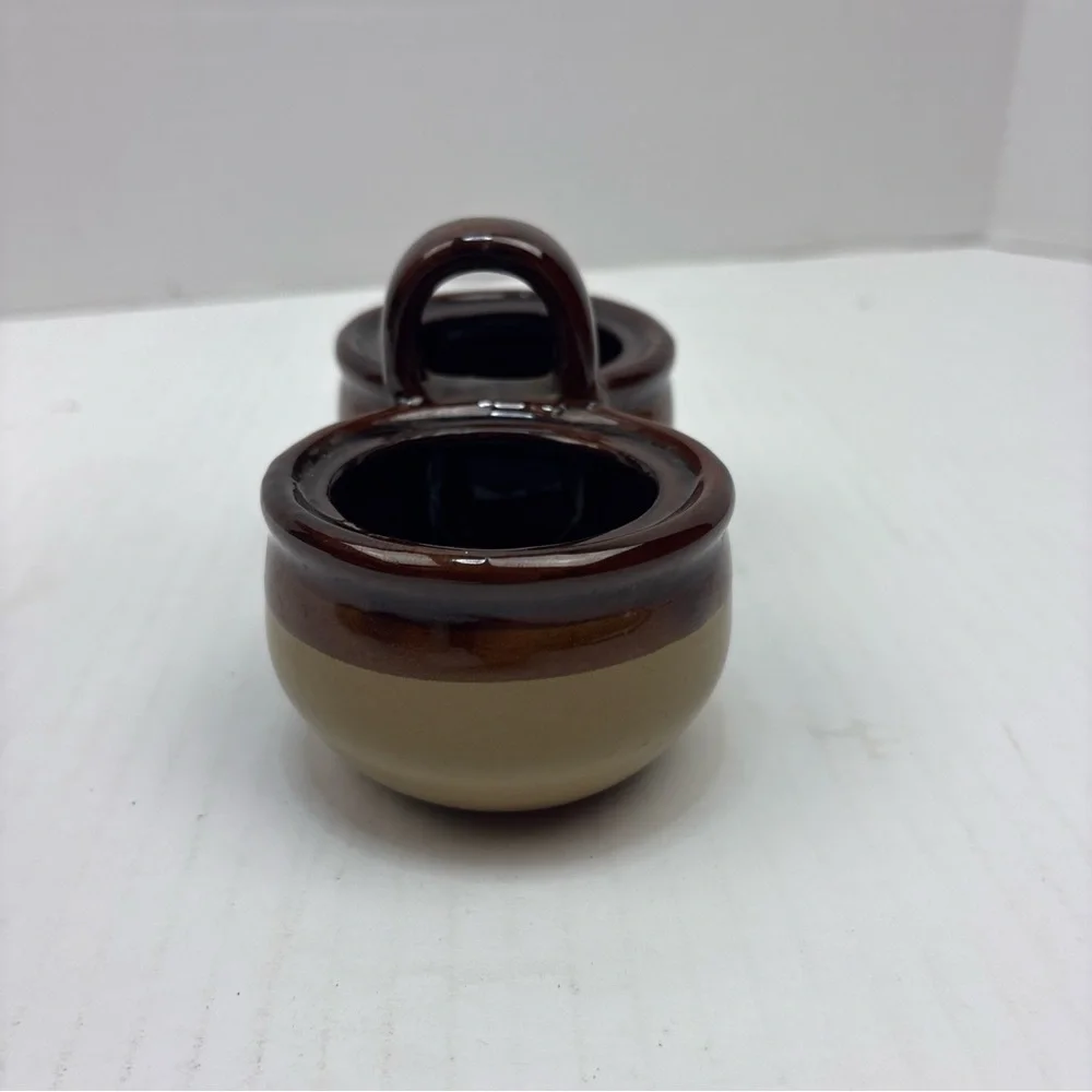 Vintage Brown Cream Stoneware Glazed Holder Double Condiment Sauce Dip Handle